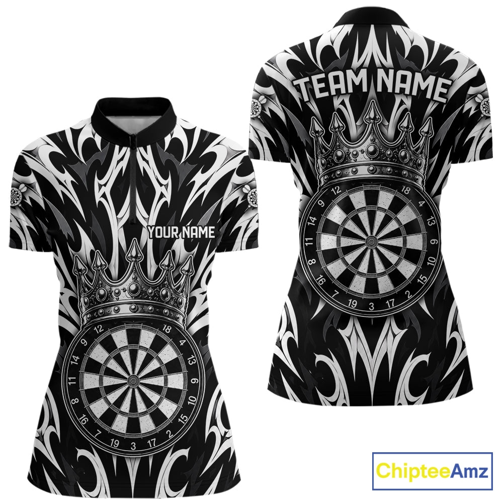 Black and White Tribal Crown Dartboard women's quarter zip dart shirt custom dart team jersey, tournament apparel