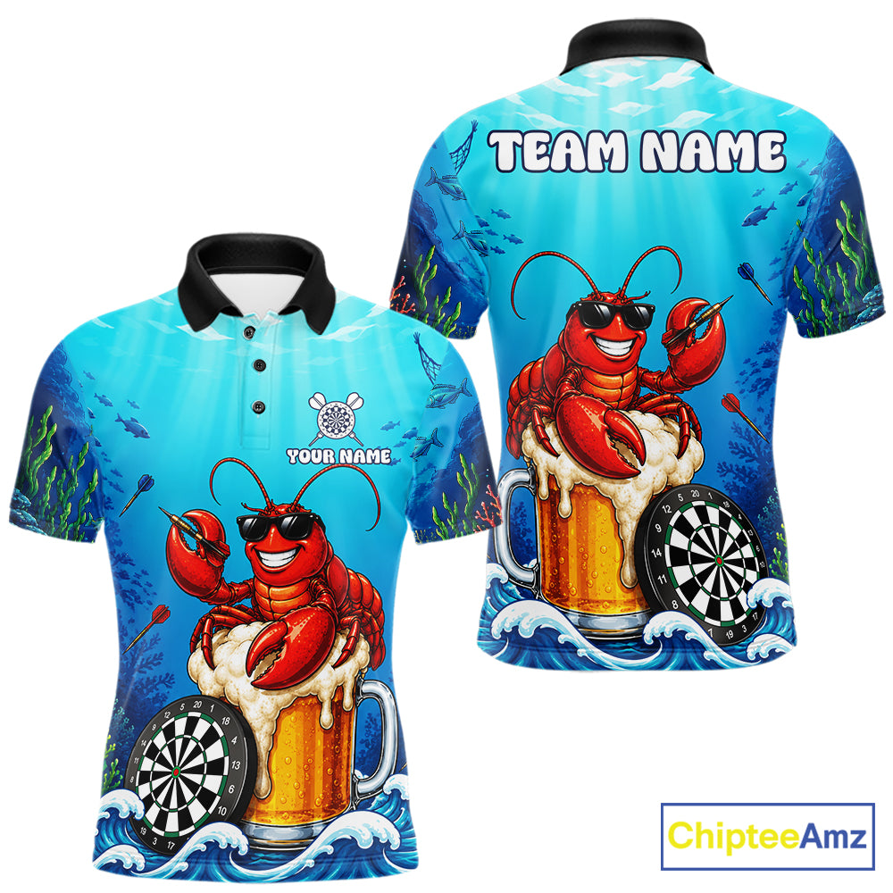 Funny Ocean Lobster Beer men's dart polo shirt custom dart team jersey, tournament dart apparel, personalized dart uniform