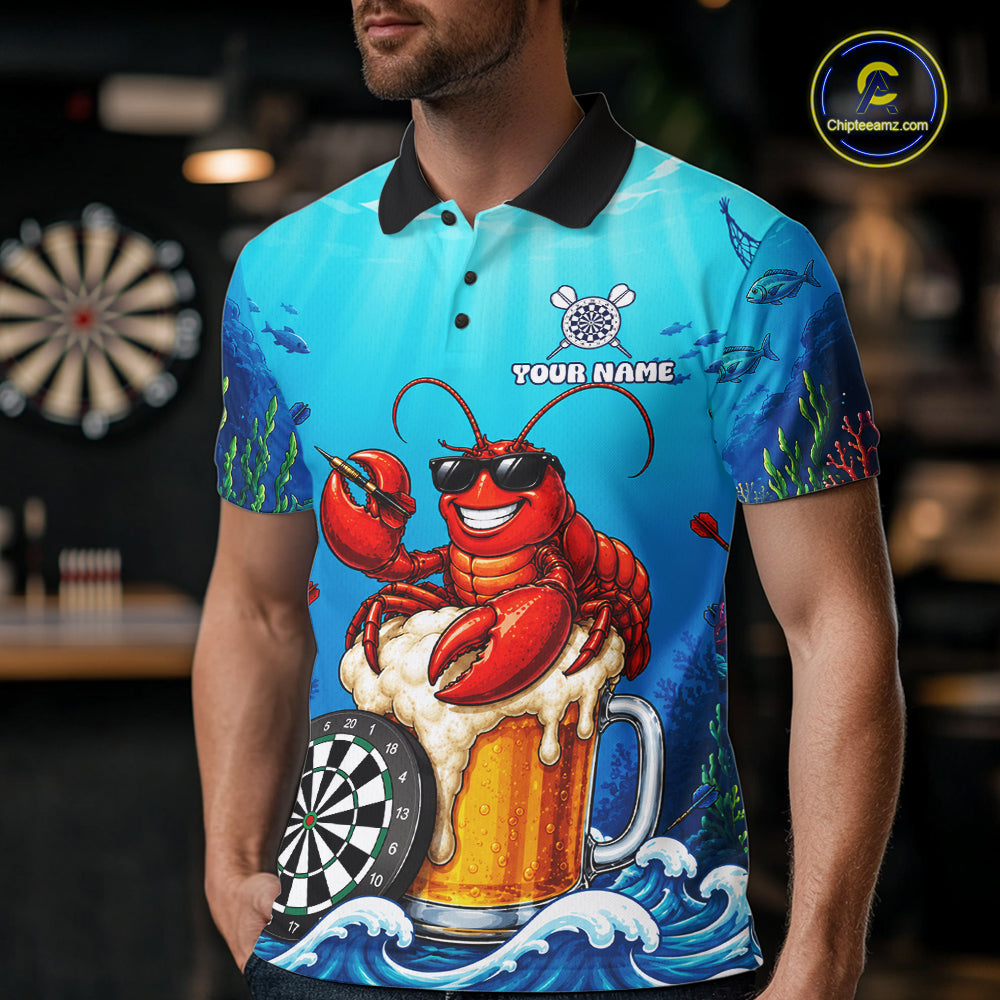 Male dart player wearing Lobster Beer dart team jersey at dart league event and tournament competition