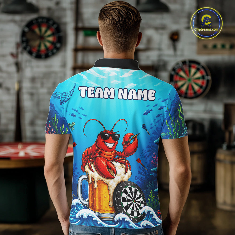 Male dart player wearing Lobster Beer dart team jersey at dart league event and tournament competition
