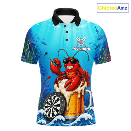 Funny Ocean Lobster Beer men's dart polo shirt custom dart team jersey, tournament dart apparel, personalized dart uniform