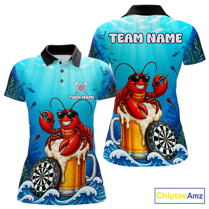 Funny Ocean Lobster Beer women's dart polo shirt custom dart team jersey, tournament dart apparel, personalized dart uniform