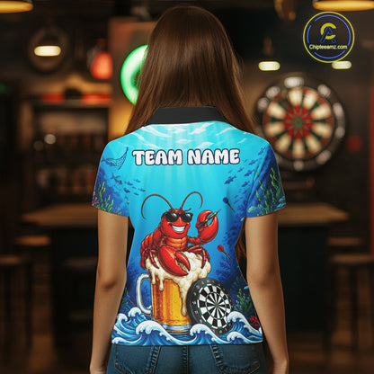 Female dart player wearing Lobster Beer dart team jersey at dart league event