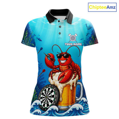 Funny Ocean Lobster Beer women's dart polo shirt custom dart team jersey, tournament dart apparel, personalized dart uniform