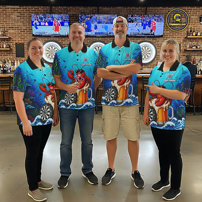 Men women dart team wearing Lobster Beer custom dart uniforms for league and tournament play