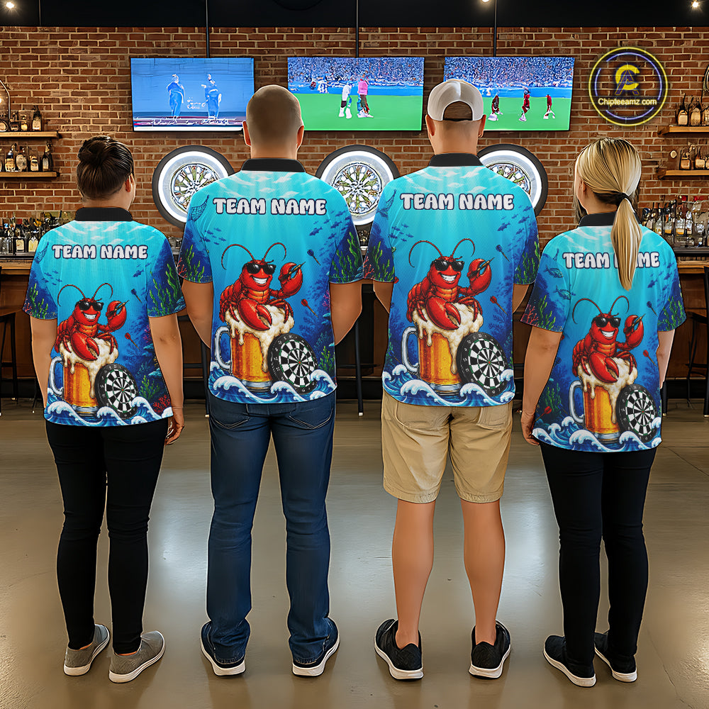 Men women dart team wearing Lobster Beer custom dart uniforms for league and tournament play