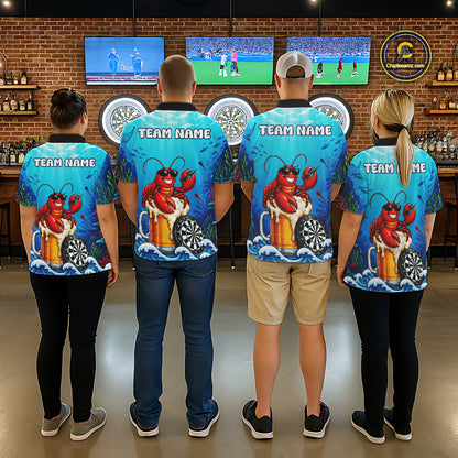 Men women dart team wearing Lobster Beer custom dart uniforms for league and tournament play