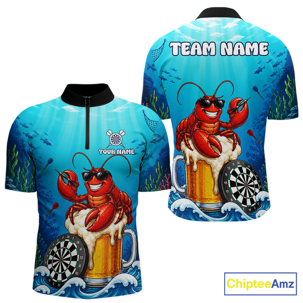 Funny Ocean Lobster Beer men's quarter zip dart shirt custom tournament dart jersey, dart team apparel
