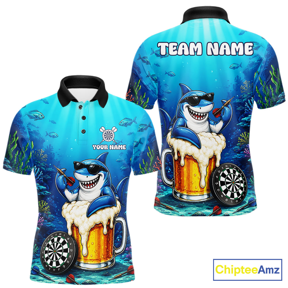 Funny Ocean Shark Beer men's dart polo shirt custom dart league uniform, competitive dart jersey, men's dart apparel