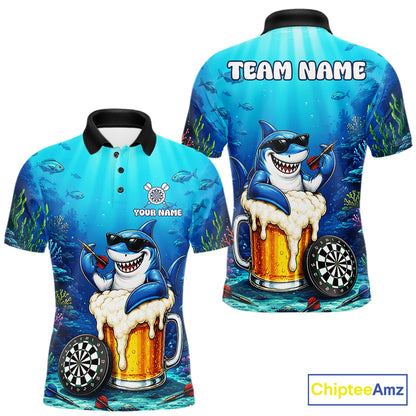 Funny Ocean Shark Beer men's dart polo shirt custom dart league uniform, competitive dart jersey, men's dart apparel