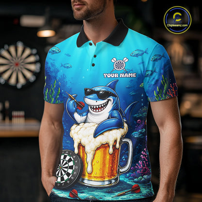 Male dart player wearing Shark Beer custom dart shirt during tournament competition and dart league play