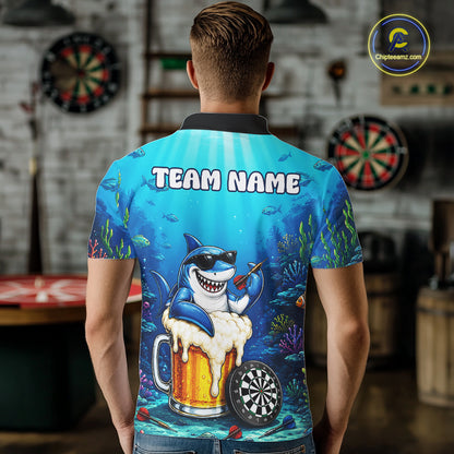 Male dart player wearing Shark Beer custom dart shirt during tournament competition and dart league play