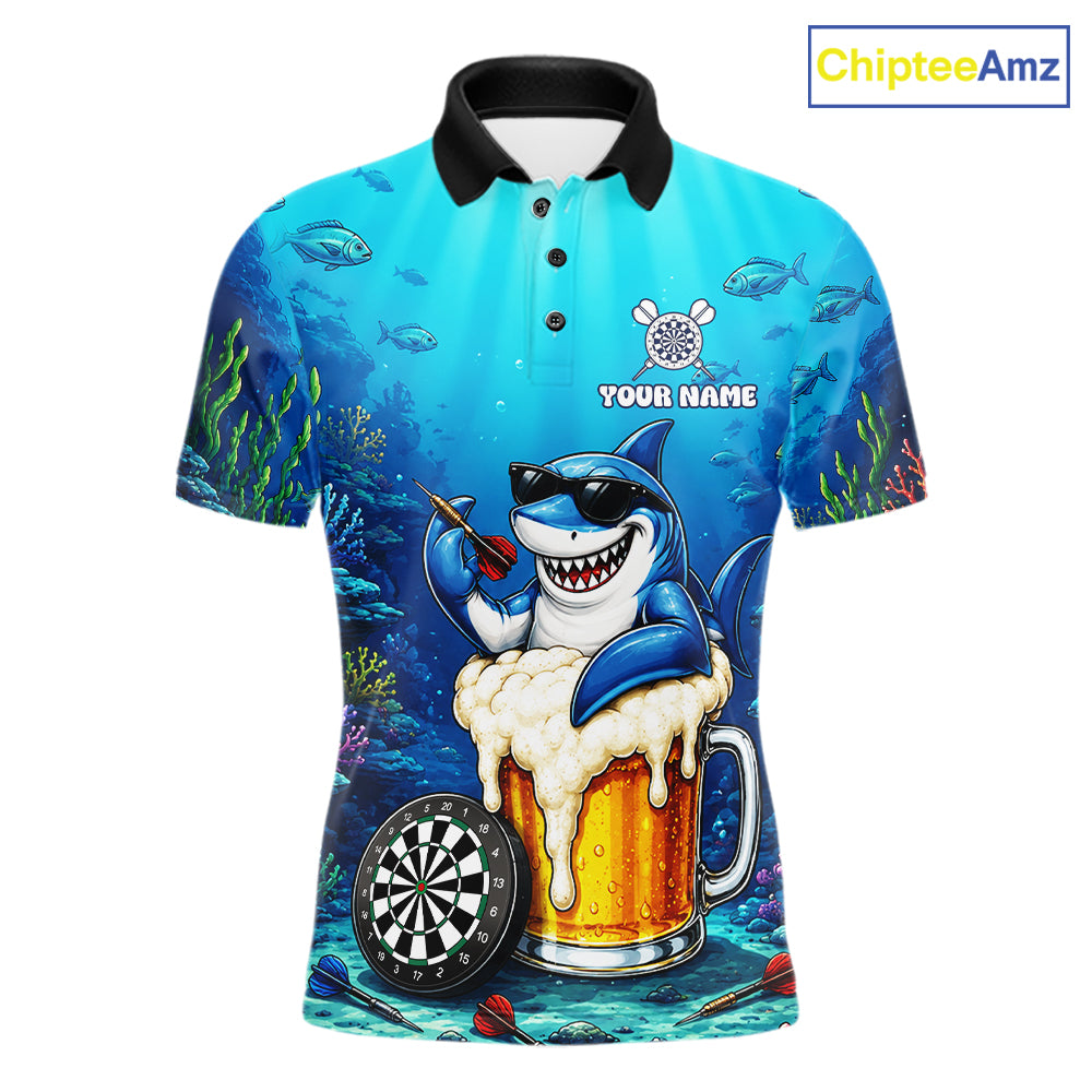 Funny Ocean Shark Beer men's dart polo shirt custom dart league uniform, competitive dart jersey, men's dart apparel
