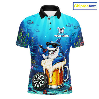 Funny Ocean Shark Beer men's dart polo shirt custom dart league uniform, competitive dart jersey, men's dart apparel