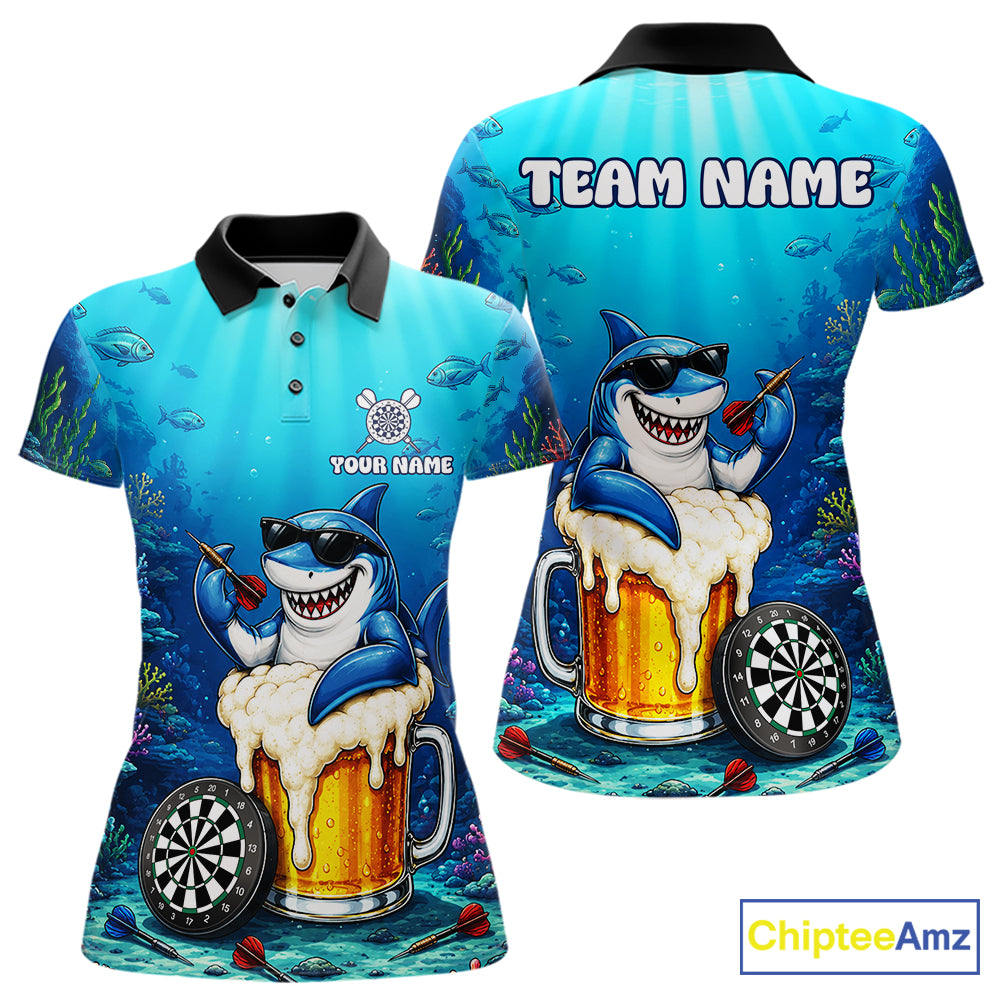 Funny Ocean Shark Beer women's dart polo shirt custom dart league uniform, competitive dart jersey, ladies dart apparel