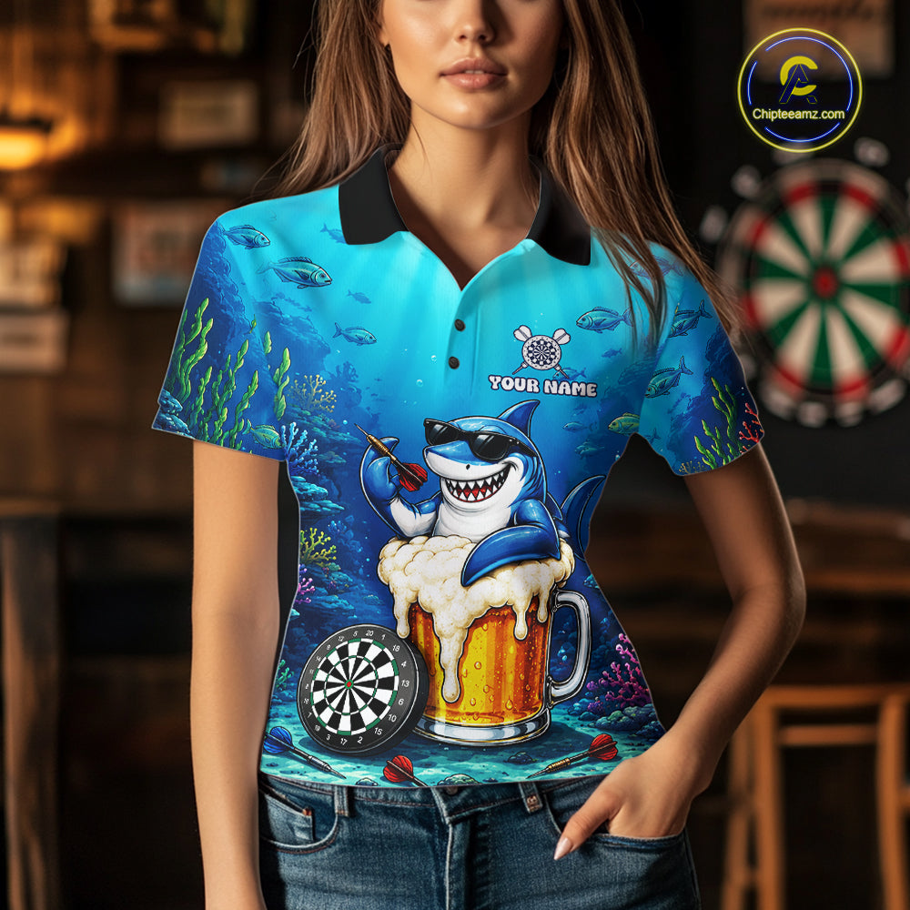 Female dart player wearing Shark Beer custom dart shirt during tournament competition