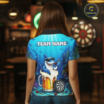 Female dart player wearing Shark Beer custom dart shirt during tournament competition