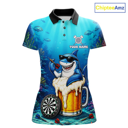 Funny Ocean Shark Beer women's dart polo shirt custom dart league uniform, competitive dart jersey, ladies dart apparel