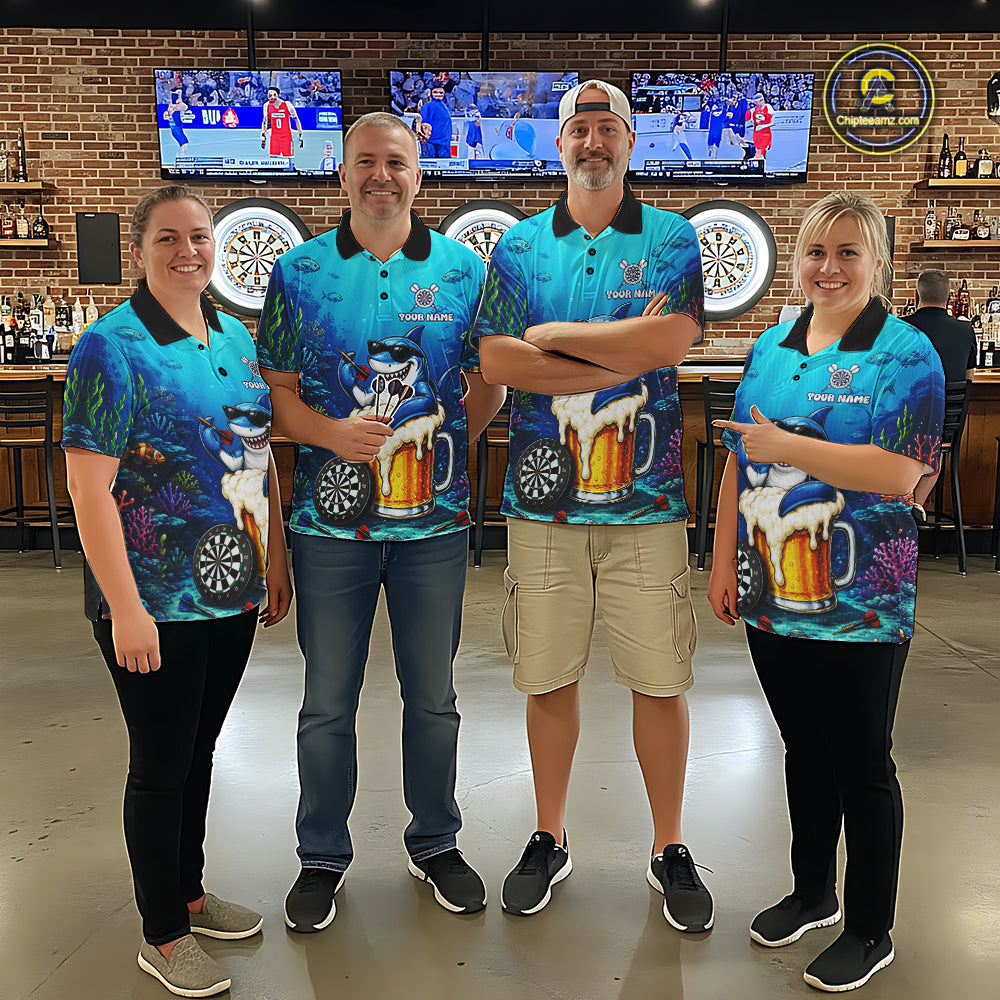 Men women dart team wearing Shark Beer personalized dart jerseys and team apparel