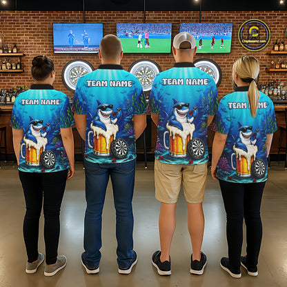 Men women dart team wearing Shark Beer personalized dart jerseys and team apparel