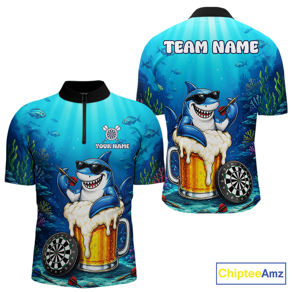 Funny Ocean Shark Beer men's quarter zip dart jersey personalized dart team apparel, competitive dart uniform