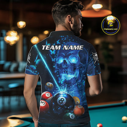 Blue Skull Thunder Pool 8 Ball Men's Billiard Polo & 1/4-Zip Shirt Custom Billiards Team Apparel NYN2491