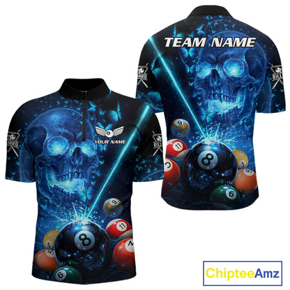 Blue Skull Thunder Pool 8 Ball Men's Billiard Polo & 1/4-Zip Shirt Custom Billiards Team Apparel NYN2491