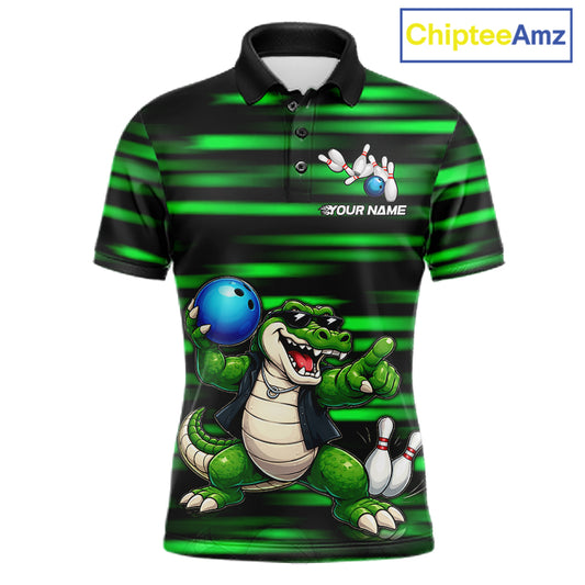 Funny Crocodile Bowling Jersey For Men Personalized Green Strike Lightning Team Bowling Attire NYN3228
