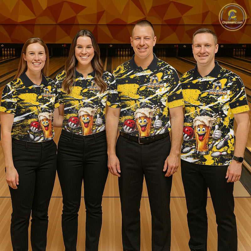 Yellow, White And Black Splatter Funny Beer Bowling Shirt For Women Custom Outfit Bowling Jersey NYN3235