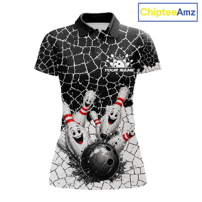 White And Black Cracked Funny Pins & Ball Bowling Shirt For Women Custom Outfit Team Bowling Jersey NYN3238
