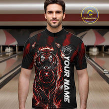 Load image into Gallery viewer, Male bowler wearing Fire Flame Tiger Red Claws bowling jersey during league and tournament competition