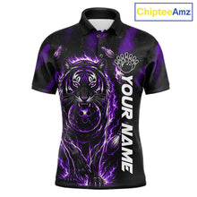 Load image into Gallery viewer, Fire Flame Tiger Purple Claws men's bowling polo shirt custom bowling team uniform, personalized bowling jersey