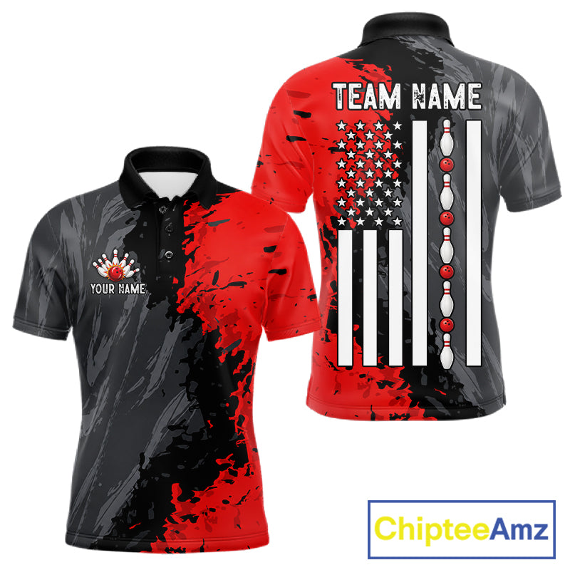 Black Grey Red Grunge US Flag men's bowling polo shirt patriotic bowling team jersey, custom bowling uniform