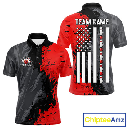 Black Grey Red Grunge US Flag men's bowling polo shirt patriotic bowling team jersey, custom bowling uniform