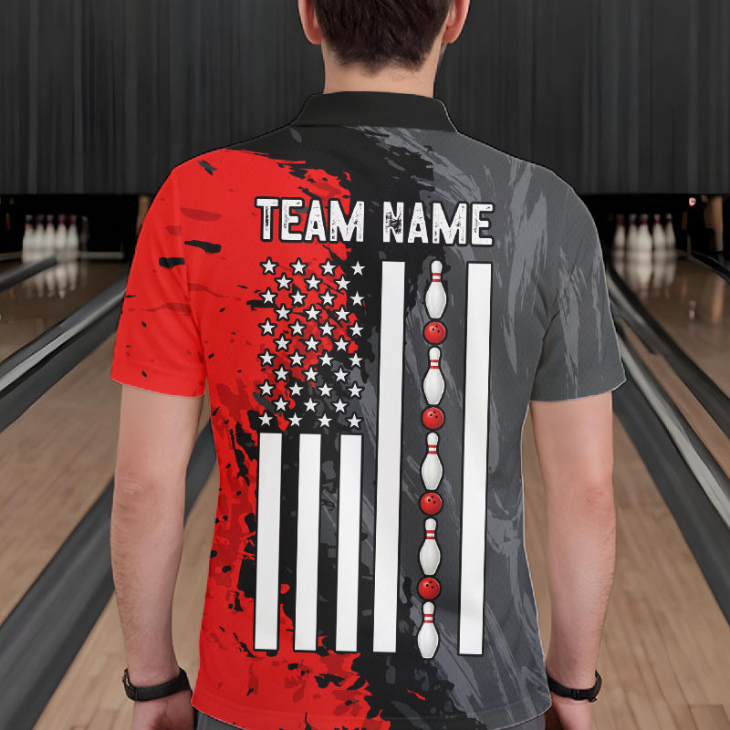 Male bowler wearing Black Grey Red Grunge US Flag bowling jersey during patriotic bowling tournament