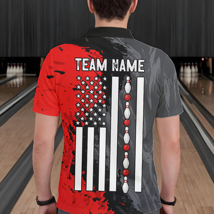 Male bowler wearing Black Grey Red Grunge US Flag bowling jersey during patriotic bowling tournament
