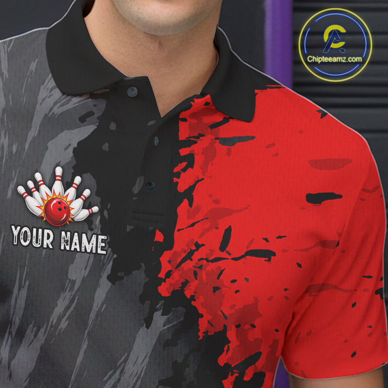 Male bowler wearing Black Grey Red Grunge US Flag bowling jersey during patriotic bowling tournament