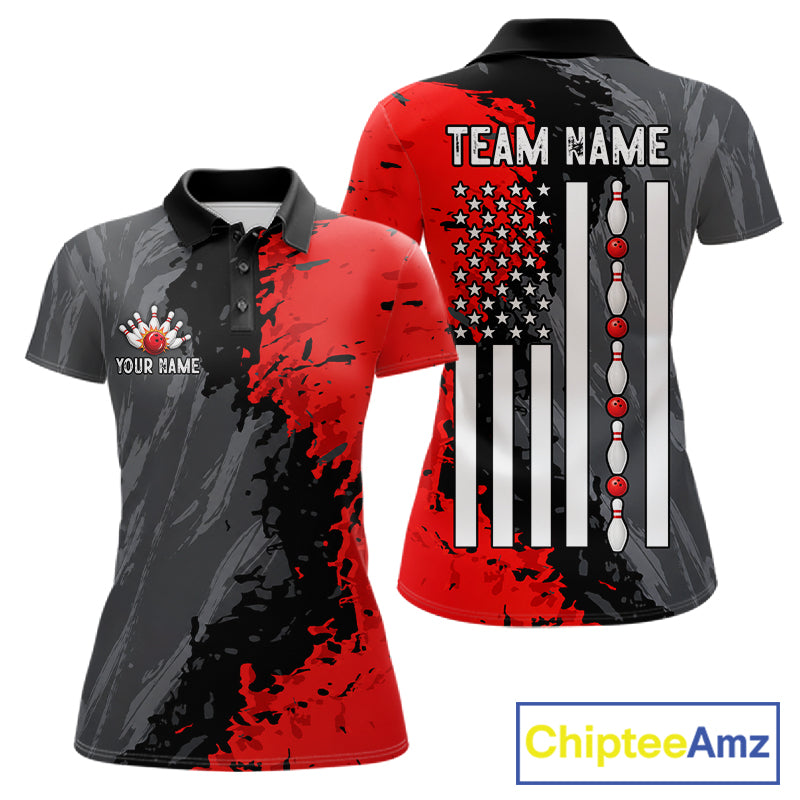 Black Grey Red Grunge US Flag women's bowling polo shirt patriotic bowling team jersey, custom bowling uniform
