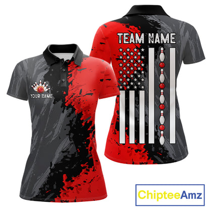 Black Grey Red Grunge US Flag women's bowling polo shirt patriotic bowling team jersey, custom bowling uniform