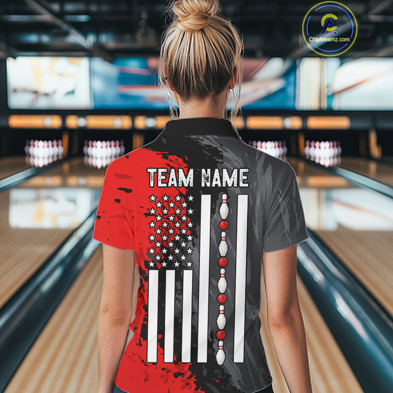 Female bowler wearing Black Grey Red Grunge US Flag bowling jersey during patriotic bowling tournament