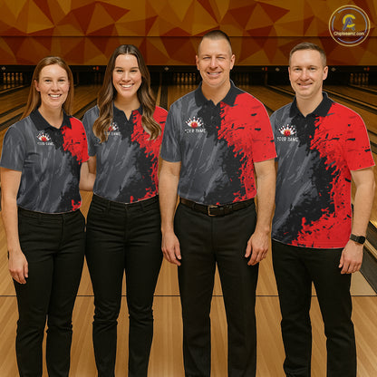 Men women bowling team wearing Black Grey Red Grunge patriotic bowling uniforms and custom team jerseys