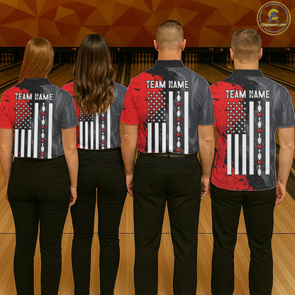 Men women bowling team wearing Black Grey Red Grunge patriotic bowling uniforms and custom team jerseys