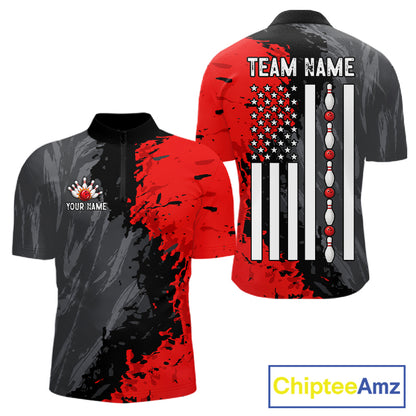 Black Grey Red Grunge US Flag men's quarter zip bowling shirt patriotic bowling league apparel