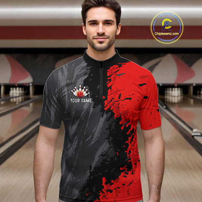 Male bowler wearing Black Grey Red Grunge US Flag bowling jersey during patriotic bowling tournament