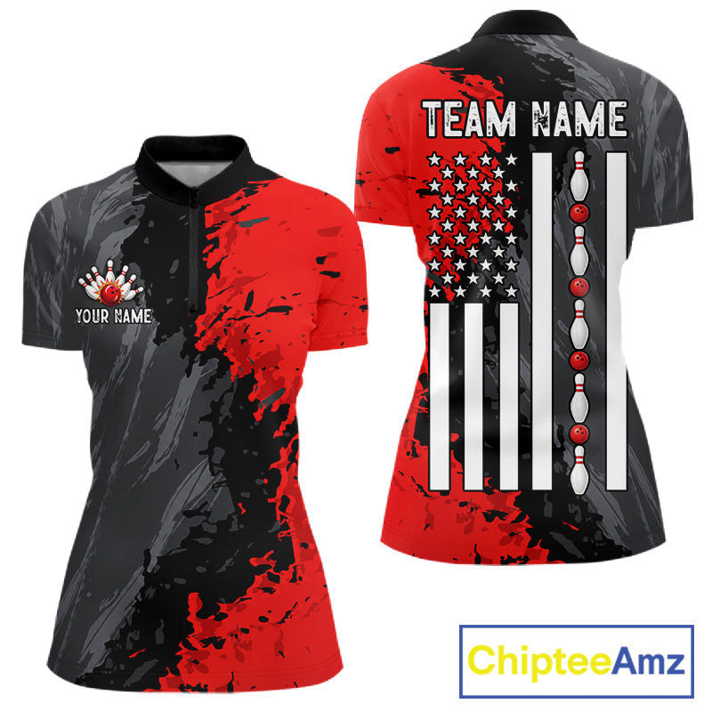 Black Grey Red Grunge US Flag women's quarter zip bowling shirt patriotic bowling league apparel