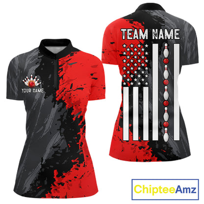 Black Grey Red Grunge US Flag women's quarter zip bowling shirt patriotic bowling league apparel