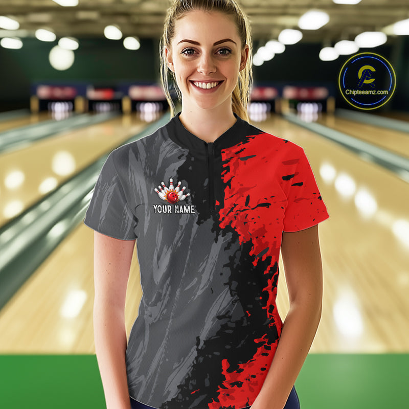 Female bowler wearing Black Grey Red Grunge US Flag bowling jersey during patriotic bowling tournament