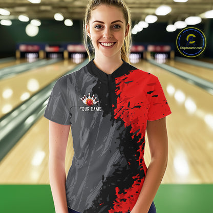 Female bowler wearing Black Grey Red Grunge US Flag bowling jersey during patriotic bowling tournament