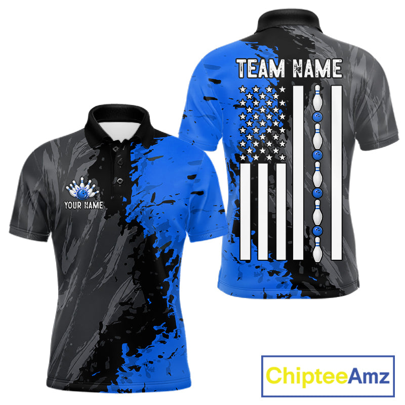 Black Grey Blue Grunge US Flag men's bowling polo shirt patriotic bowling team uniform, personalized bowling jersey