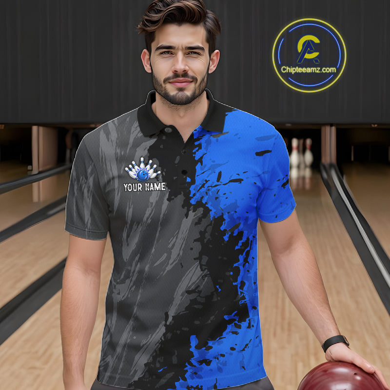 Male bowler wearing Black Grey Blue Grunge US Flag bowling jersey during league and tournament competition